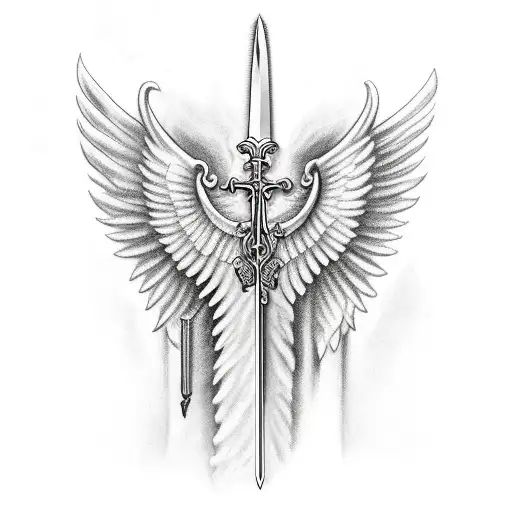 sword with angel wings tattoo design idea