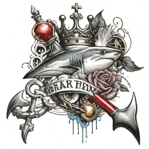 shark fin , queen crown, stethoscope and anchor combine one tattoo tattoo design idea