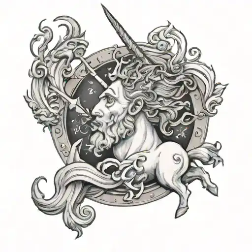 Neptune with unicorn surrounded tattoo design idea