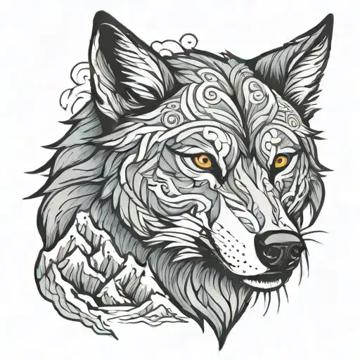 wolf head with mountains tattoo design idea