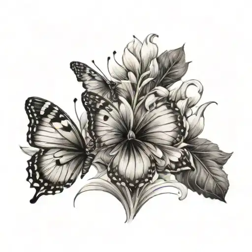 Fleur représentant le mois de février sous la poitrine à gauche avec 3 papillons de plus en plus gros qui tourne autour  tattoo design idea