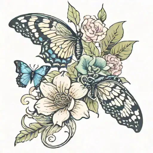 Fleur représentant le mois de février sous la poitrine à gauche avec 3 papillons de plus en plus gros qui tourne autour  tattoo design idea