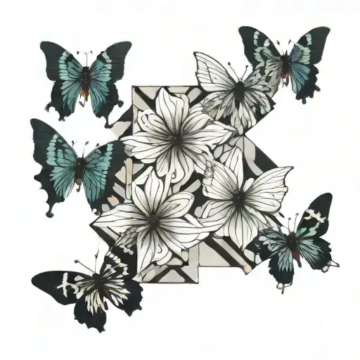 Fleur sous la poitrine à gauche avec 3 papillons de plus en plus gros qui tourne autour  tattoo design idea