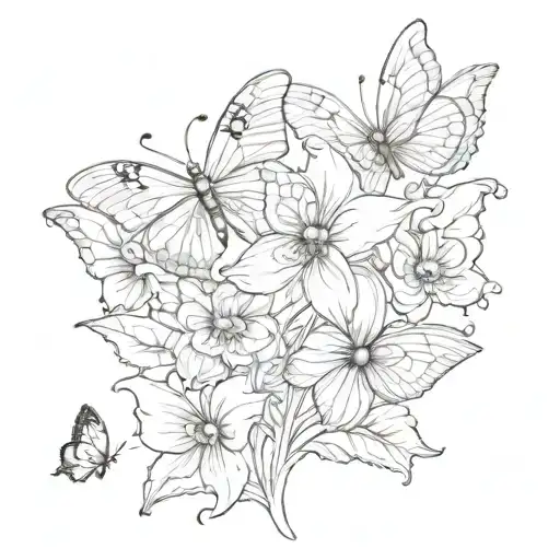 Fleur sous la poitrine à gauche avec 3 papillons de plus en plus gros qui tourne autour  tattoo design idea