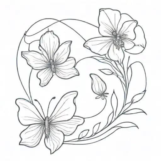 Fleur sous la poitrine à gauche avec 3 papillons qui tourne autour  tattoo design idea