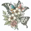 Fleur représentant le mois de février sous la poitrine à gauche avec 3 papillons de plus en plus gros qui tourne autour  tattoo design idea