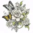 Fleur représentant le mois de février sous la poitrine à gauche avec 3 papillons de plus en plus gros qui tourne autour  tattoo design idea