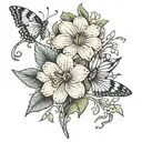 Fleur représentant le mois de février sous la poitrine à gauche avec 3 papillons de plus en plus gros qui tourne autour  tattoo design idea