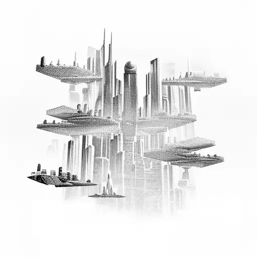 A futuristic cityscape with towering skyscrapers and flying vehicles, inspired by the client's passion for RPGs and their occupation as an analyst tattoo design idea