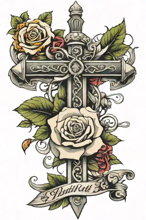 Philippians 4:13; sword; cross; roses growing tattoo design idea