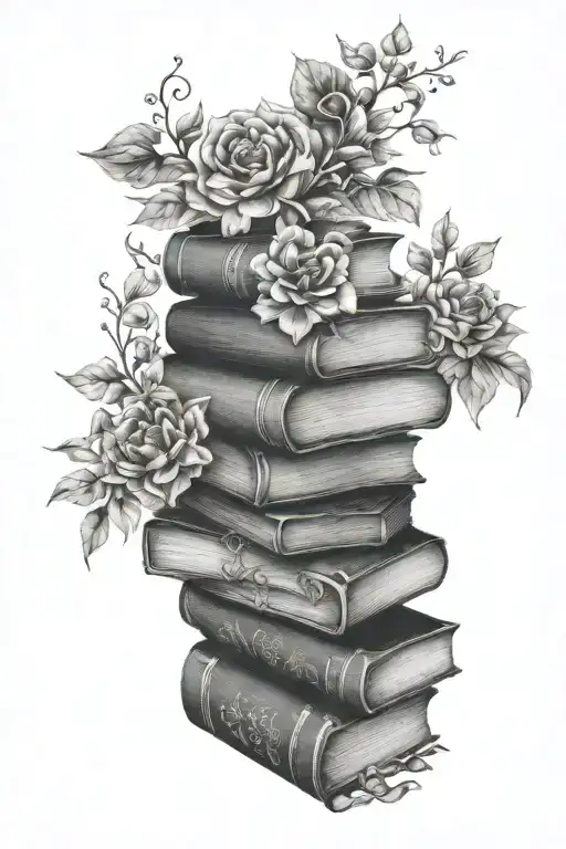 A stack of books with intricate floral designs growing out of them tattoo design idea