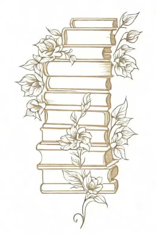 A stack of books with intricate floral designs growing out of them tattoo design idea