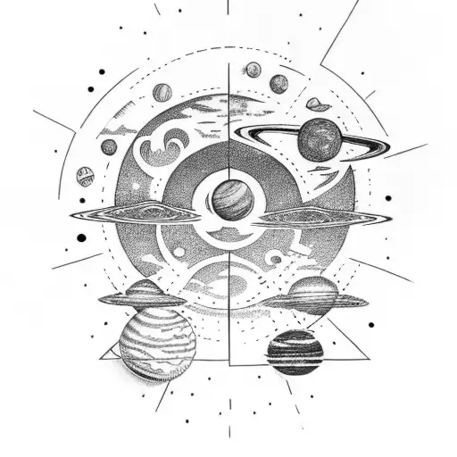 Thor Hammer with planets and tree tattoo design idea