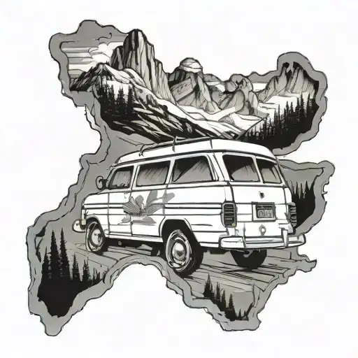 Create a tattoo with a grand caravan driving down the highway with the Rocky Mountains, ocean and a Canadian flag  tattoo design idea