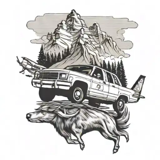 Create a tattoo with a grand caravan driving down the highway with the Rocky Mountains, ocean and a Canadian flag  tattoo design idea