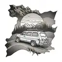 Create a tattoo with a grand caravan driving down the highway with the Rocky Mountains, ocean and a Canadian flag  tattoo design idea