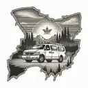 Create a tattoo with a grand caravan driving down the highway with the Rocky Mountains, ocean and a Canadian flag  tattoo design idea