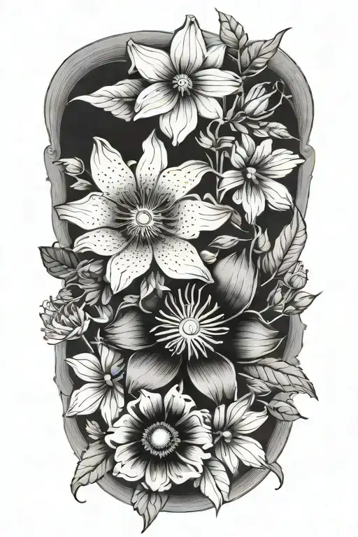 One daisy, one poppy, one passion flower,one  hibiscus flower, one sunflower, one rose, one orchid tattoo design idea