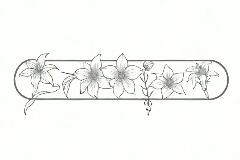 with one daisy,  one poppy, one passion flower, one hibiscus flower, one sunflower, one rose, one orchid   tattoo design idea