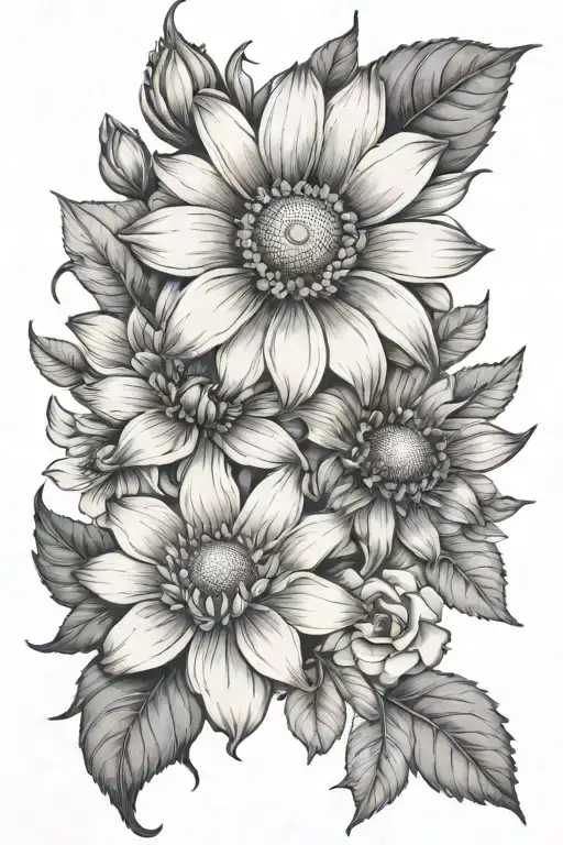 a daisy, a poppy, a passion flower, a hibiscus flower,a sunflower, a rose, a orchid tattoo design idea