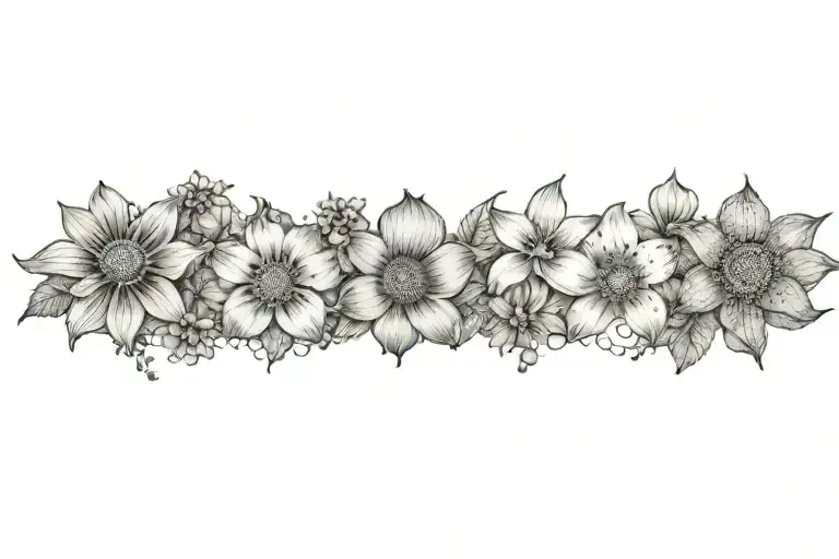 with one daisy,  one poppy, one passion flower, one hibiscus flower, one sunflower, one rose, one orchid   tattoo design idea