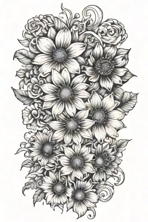 A daisy, A poppy, a passion flower, A hibiscus flower, A sunflower, a rose, A orchid tattoo design idea