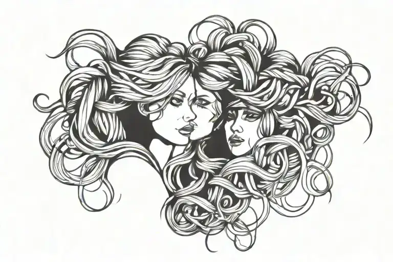 twins sisters hair tangled tattoo design idea