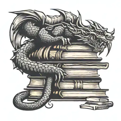 stack of books with dragon tattoo design idea