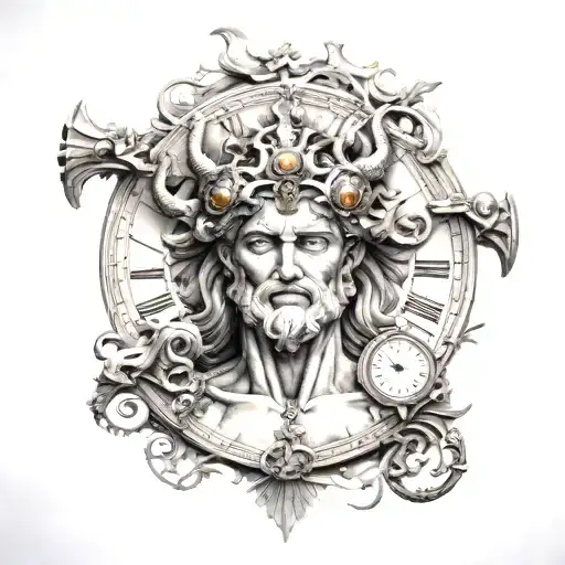 greek mythology cronus god of time, time travel, clock, 8k, high resolution tattoo design idea