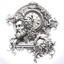 greek mythology cronus god of time, time travel, clock, 8k, high resolution tattoo design idea