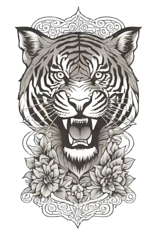 traditional full tiger body  with floral background and flow tattoo design idea