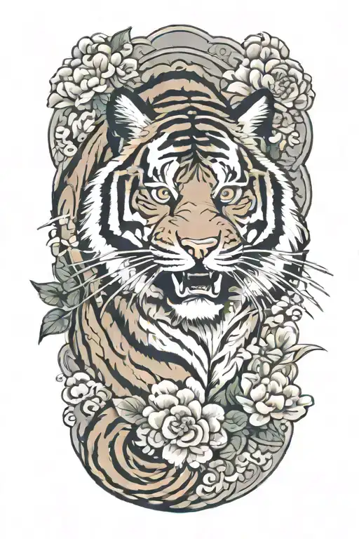 traditional tiger with floral background and flow tattoo design idea