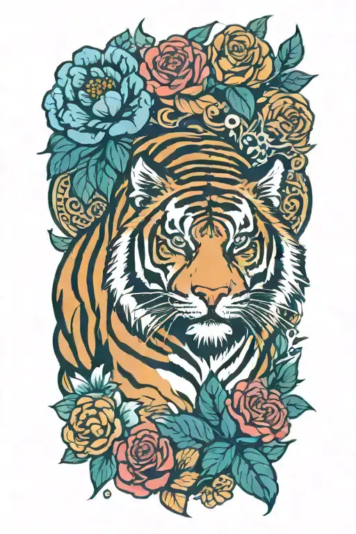 traditional full tiger body  with floral background and flow tattoo design idea