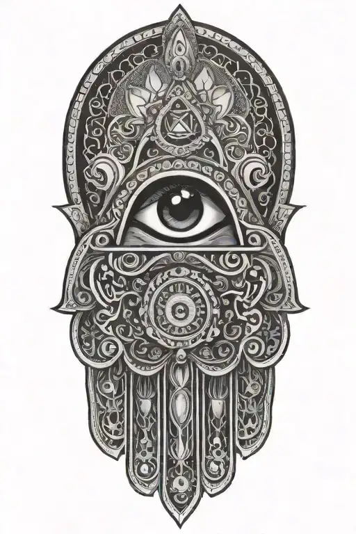 Hamsa Pyramid Kaaba Eye Chakras tattoo design idea