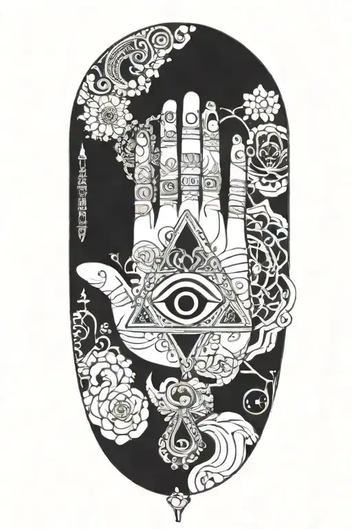 chakras Kaaba pyramid cross hand of hamsa intertwined tattoo design idea