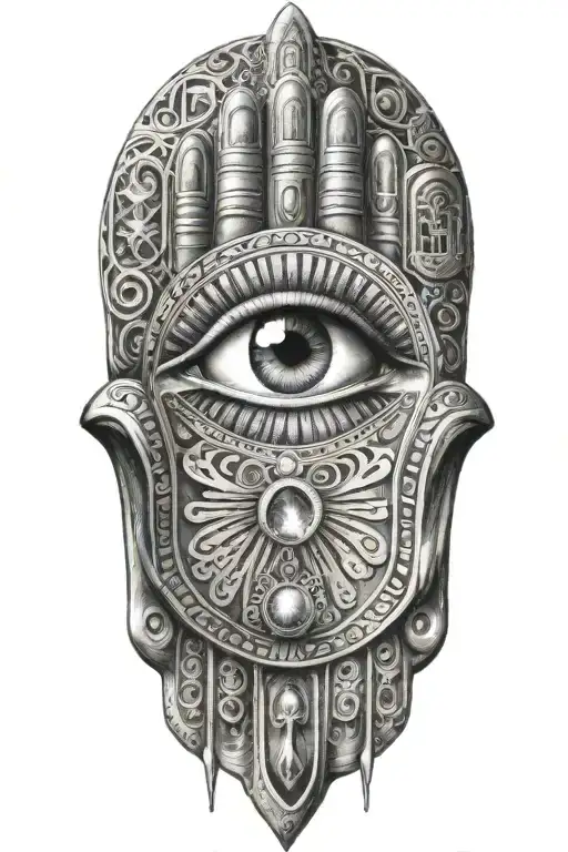 Hamsa Pyramid Kaaba Eye Chakras tattoo design idea