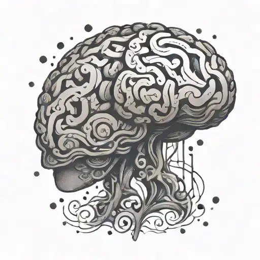 A stylized brain with intricate patterns representing mental illness and the strength to overcome it tattoo design idea