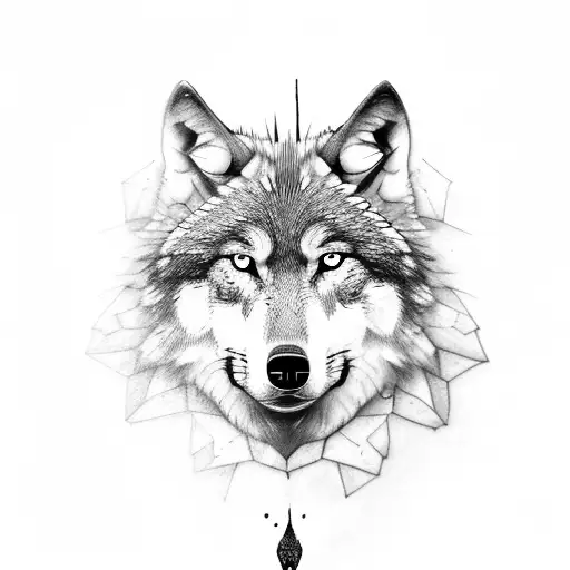Wolf with green eyes in a forset with other Wolf tattoo design idea