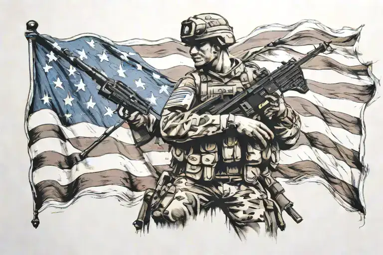 American flag and fallen soldier holding tattoo design idea