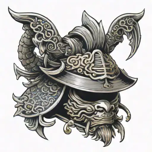 kabuto helmet with Japanese background tattoo design idea