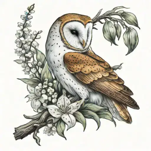 Barn owl perched on antler and surrounded by lily of the valley tattoo design idea