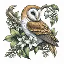 Barn owl perched on antler and surrounded by lily of the valley tattoo design idea