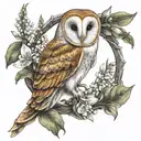 Barn owl perched on antler and surrounded by lily of the valley tattoo design idea
