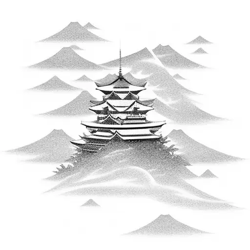 A Japanese temple silhouetted against a full moon, with katanas crossed in front and the word 'loyalty' in elegant script below tattoo design idea