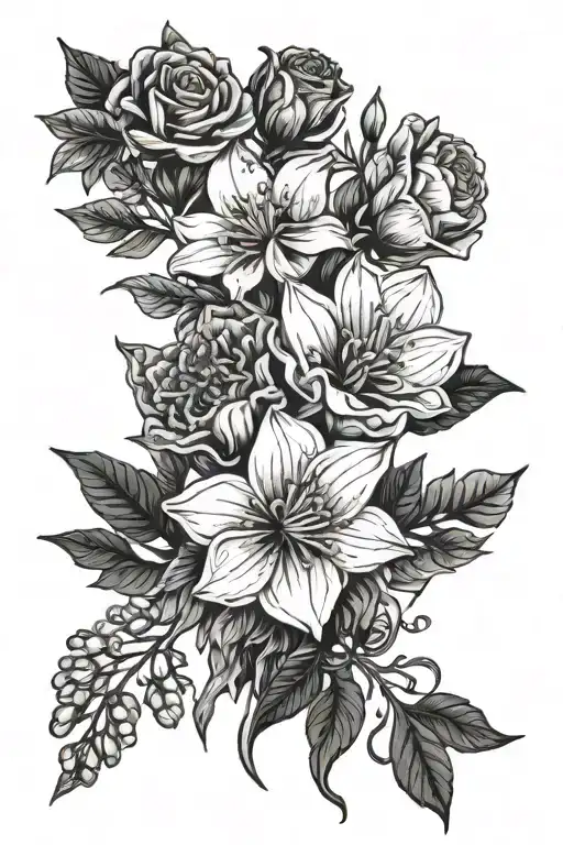 february, march and july birth flower bouquet tattoo design idea