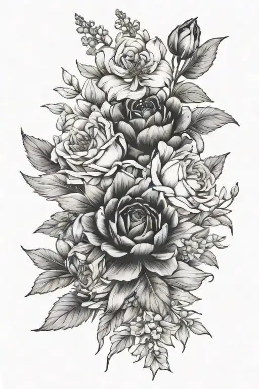 february, march and july birth flower bouquet tattoo design idea