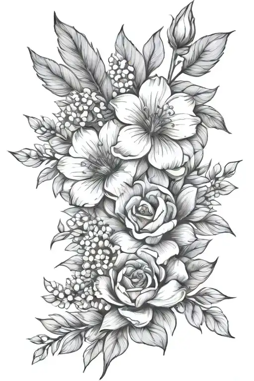 february, march and july birth flower bouquet tattoo design idea