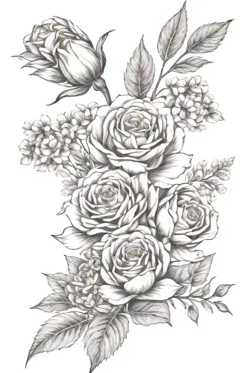 february, march and july birth flower bouquet tattoo design idea