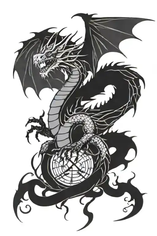 Create a sketch of a dragon tattoo that shows its whole body and it climbs a castle and is surrounded by a storm of ligh tattoo design idea