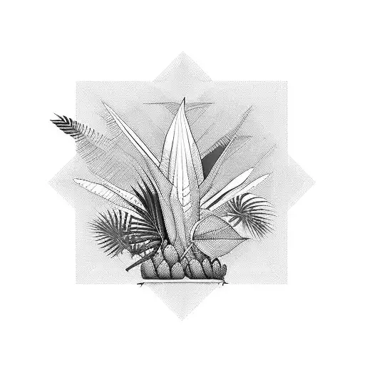 3d tropical plant scene in a square frame tattoo design idea